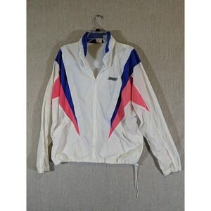 Vintage Nike Women's Full Zip Athletic Windbreaker White Blue Pink Large Coral